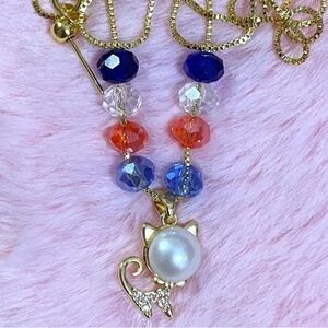 Colorful Beaded Cat White South Sea Pearl Pendant Necklace